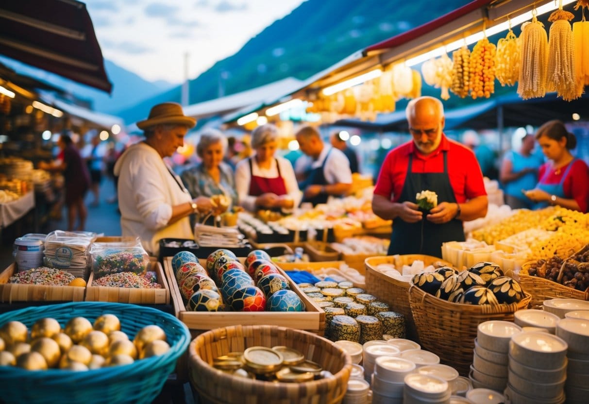 Et travlt montenegrinsk marked med sælgere der sælger håndlavede håndværksprodukter og souvenirs til turister på altomfattende ferier
